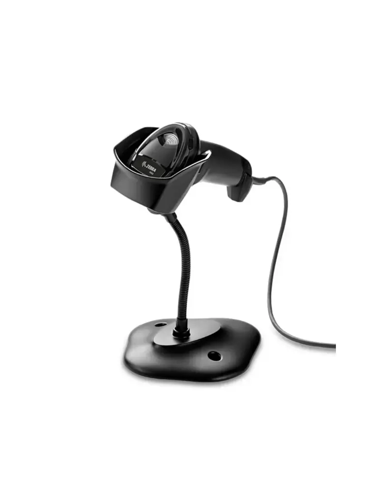 Motorola Zebra DS2208 - Lector de códigos de barras 1D y 2D (códigos lineales y bidimensionales), cableado, rango estándar. De color negro. Incluye cable USB y soporte